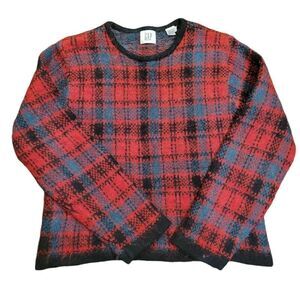 Vintage 1990s GAP Sweater Women's Medium Red Green Plaid Mohair Wool